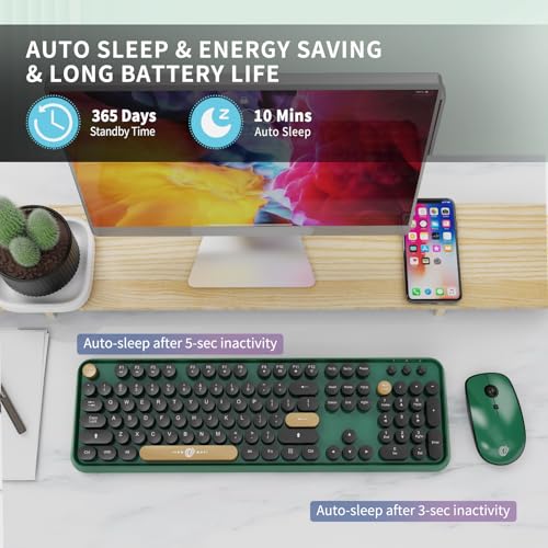 Image of FOPETT Wireless Keyboard and Mouse Combo, 104 Keys Full-Sized 2.4 GHz Round Keycap Colorful Keyboards, USB Receiver Plug and Play, for Windows, Mac, PC, Laptop, Desktop (Black Green)