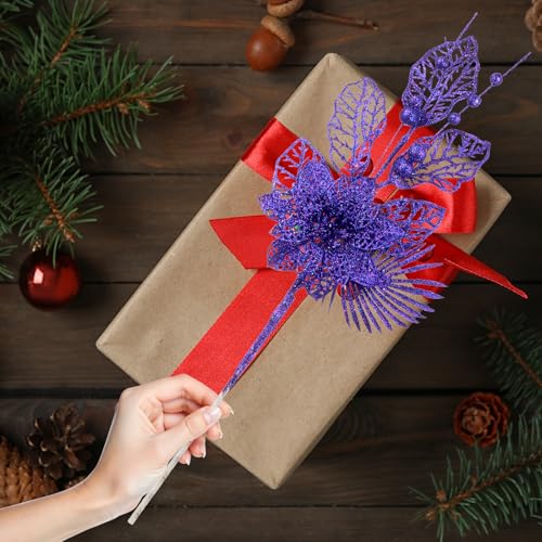 CristBest 24 Pack Christmas Tree Ornaments - Artificial Flowers Glitter Berry Stems Christmas Floral Picks Branches for Xmas Tree Decorations Vase Filler Holiday Wedding Party Home Decor (Purple) - image 5