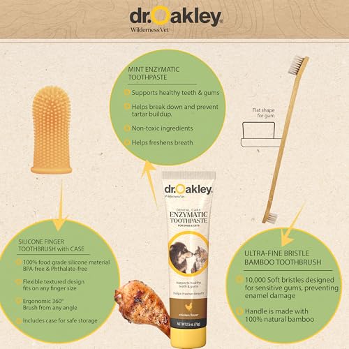 Image of Dr. Oakley Dog Toothpaste Chicken Flavor Enzymatic Dental Kit with Toothbrush & Finger Brush Vet Recommended - 3-Piece Set