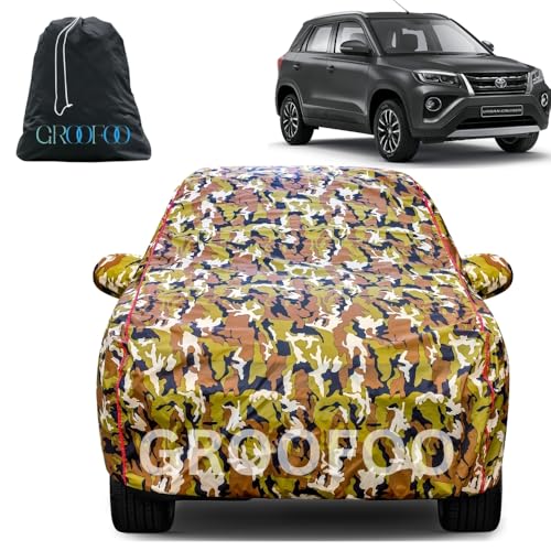 Image of GROOFOO Waterproof Car Body Cover with Mirror Pockets Compatible with Toyota Urban Cruiser |Car Cover UV & Dust Proof All-Weather Protection, Adjustable Buckle (Army and Red)