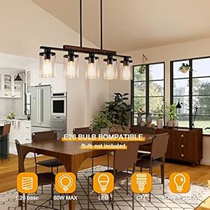 Farmhouse linear chandelier with clear glass shade 5 light matte black rustic wood ceiling pendant light fixture for dining room over table adjustable kitchen island lighting hanging  urban country home decor