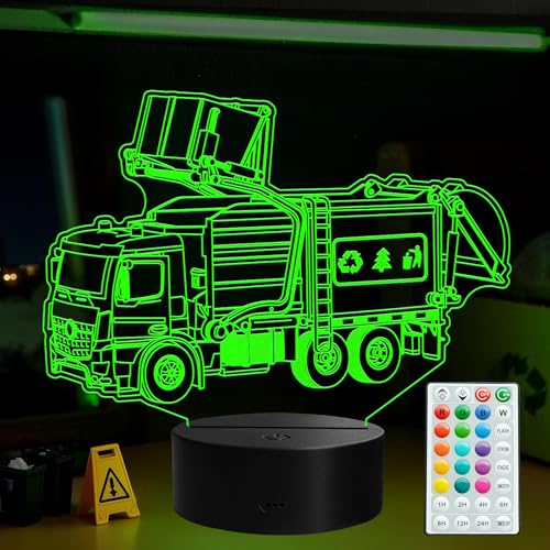 Garbage Truck Night Light, Garbage Truck Gifts, 3D Illusion Lamp with Remote Control, 16 RGB Colors, 4 Flashing Modes, Timer, Dimmable, Trash Truck Gifts Room Decoration for Holiday Birthday Christmas