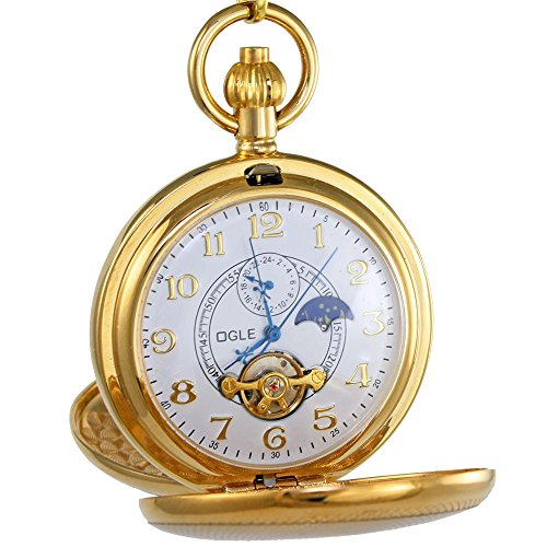 Ogle Vintage Copper Double Cover Tourbillon Phases Moon Chain Fob Self Winding Automatic Mechanical Pocket Watch/Gold Dial (White Dial) #TOP2