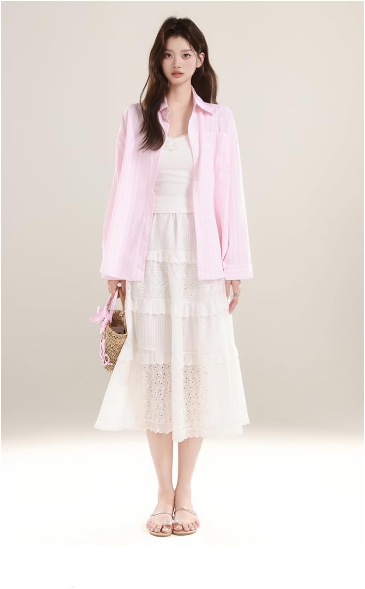 Women's Green Striped Long Sleeve Shirt Summer Casual Cover-Up Shirts for Women