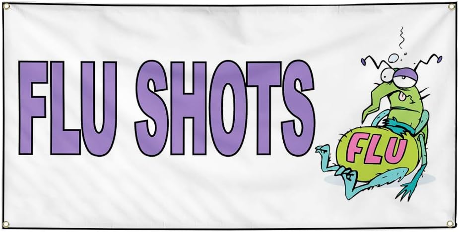 Vinyl Banner Sign Flu Shots White Purple Health Care Marketing Advertising White - 16inx40in, 4 Grommets, One Banner