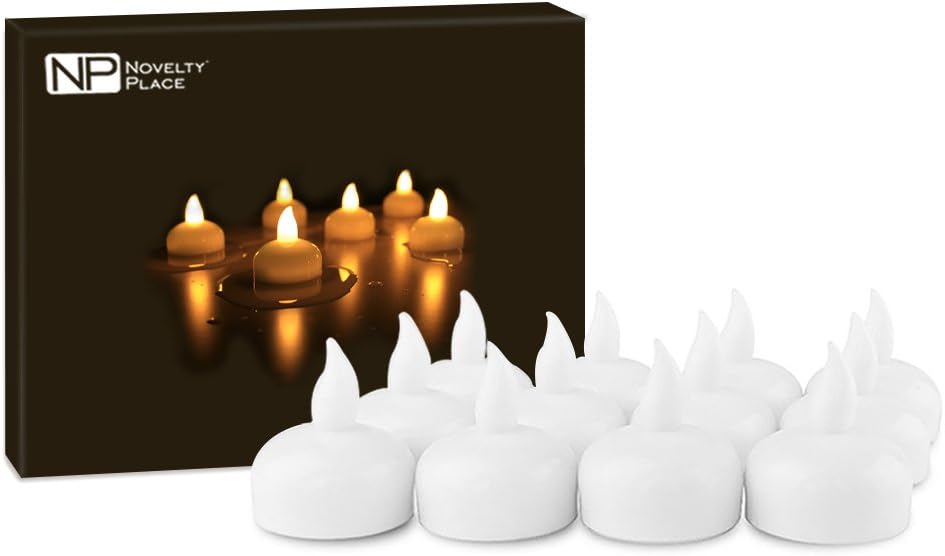 Novelty Place 12Pcs Waterproof Flameless Floating Tealights, LED Floating Candles Warm Yellow Flickering Tea Lights - Battery Operated Candles Decoration for Wedding, Christmas, Party, Pool, Pond