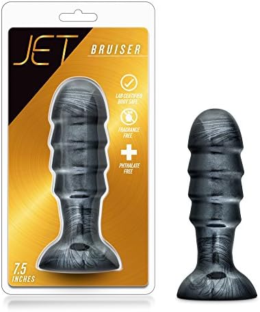 Blush Jet Bruiser - 7 1/2 Inch Oversized 2.25" Thick Ridged Probe Tapered Ribbed Suction Cup Anal Butt Plug Sex Toy for Partner Play - Adult Toys for Women Men Couples - Carbon Metallic Black