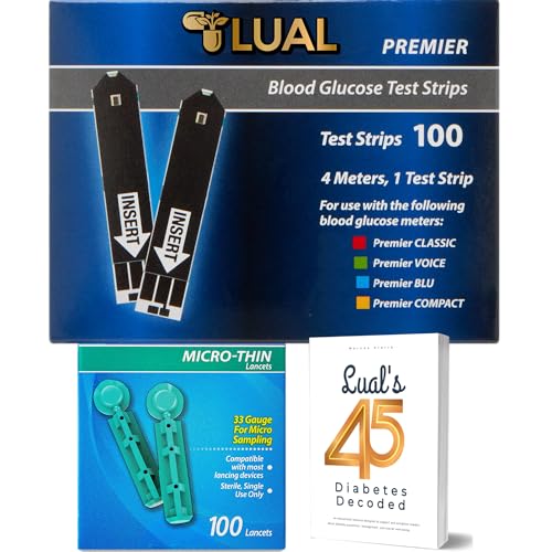 Premier Blood Glucose Test Strips Bundle with Lual's 45 Diabetes Decoded. Premier Test Strips 100 Count + Ultra-Thin Blood Lancets 100 Count Plus