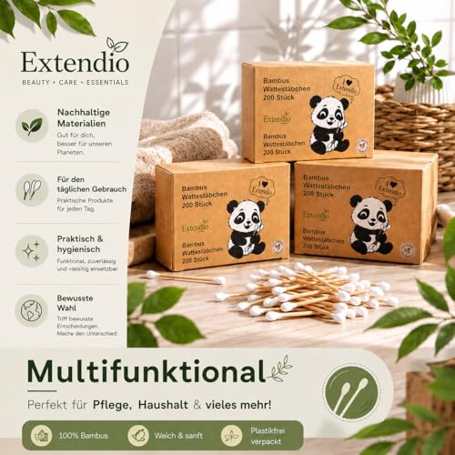 Bambus Wattestäbchen 1200(6x200) Stück – 100% Baumwolle, plastikfrei & vegan – nachhaltige Ohrenstäbchen mit hygienischer Entnahme – Extendio