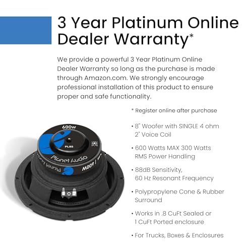 Planet Audio PL8S Anarchy Series 8 Inch Car Subwoofer - 600 Watts Max, Single 4 Ohm Voice Coil, Sold Individually, Hook Up to Amp