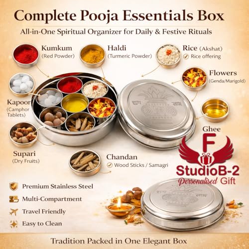 Image of Stainless Steel Round Pooja Box with 7 Containers | Compact Puja Samagri Storage Box | Durable Steel Sindoor Kumkum Chawal Box | 11 cm