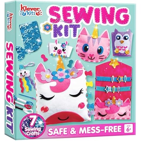 Klever Kits 7 Sewing Projects- My First Kids Sewing Kit- Easy DIY Arts and Crafts for Girls, Craft Kits, Birthday Gifts for Kids Aged 6+, Unicorn and Mermaid Pillow Cover