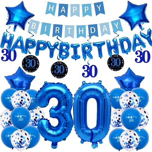 Decoraciones de cumpleaños número 30 para niños, globos de cumpleaños 30 con decoraciones de remolino, pancarta de feliz cumpleaños y globos de aluminio de estrella, globos de látex Confetii para