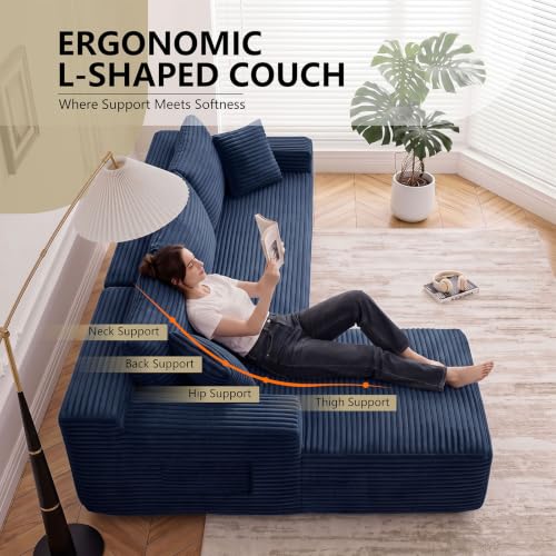 Image of 94.5 inch L Shaped Boneless Sectional Corduroy Couches for Living Room (Blue)
