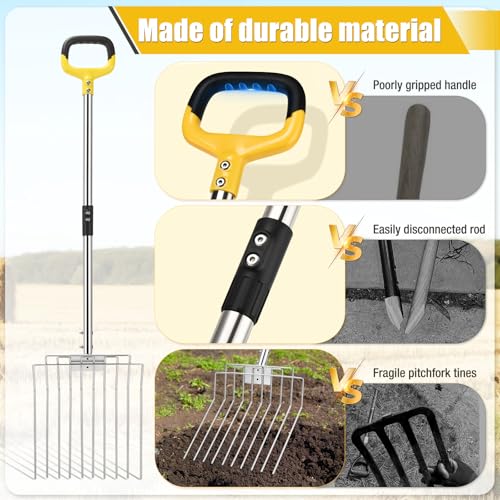 AugFir Pitchfork for Gardening, 50\" Multifunctional Stainless Steel Garden Pitchfork with Handle, Suitable for Shoveling, Fertilizing, Transplanting, Mulching Garden Fork - 10 Tines