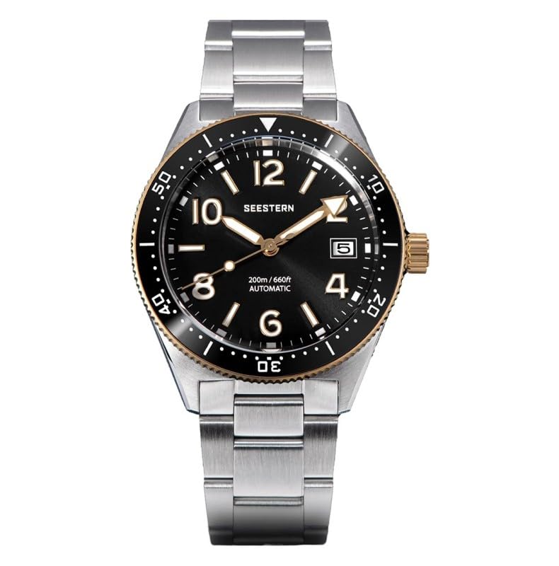 Montre Seestern S434 automatique acier noir et or avec date pour homme