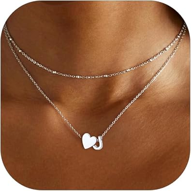 FOCALOOK Layered Initial Necklace for Women, 14K Gold Plated Minimalist Choker Necklaces Stacks with Initial A-Z, Dainty Silver Heart Pendant Necklace Personalized Birthday Women Jewelry