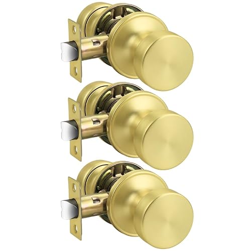 Probrico Gold Door Knobs Interior 3 Pack, Brass Interior Closet Door Knobs, Passage Door Handles