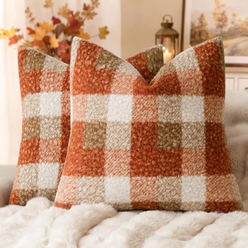 Image of Foindtower Pack of 2 Soft Faux Fur Boucle Throw Decorative Pillow Covers Fuzzy Accent Check Cushion Sherpa Boho Farmhouse Pillowcase for Couch Sofa Bed Living Room Home Decor 20x20 Inch,Burnt Orange