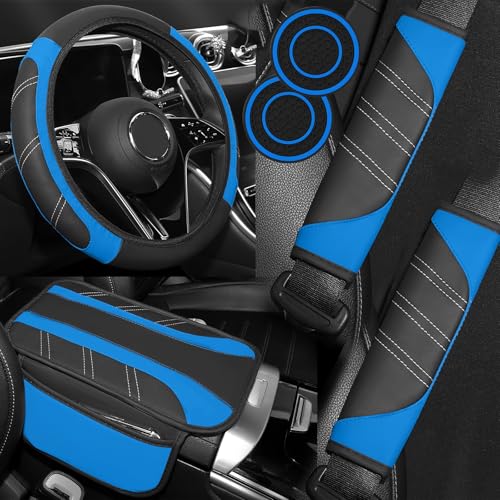 Hbxdeco 6PCS Blue Car Accessories Set, Sporty Auto Interior Decoration Accessories with Leather Car Steering Wheel Cover, Center Console Cover, Seat Belt Shoulder Pads, Cup Coasters (Blue)