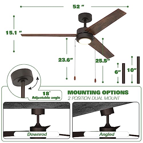 52 Inch Ceiling Fan With Led Lights(3000K/4000K/5000K), Pull Chain, Noiseless Reversible Motor And Blades, 3 Speed, Etl Listed, For Patio Living Room, Bedroom, Office - Oil-Rubbed Bronze #TOP4