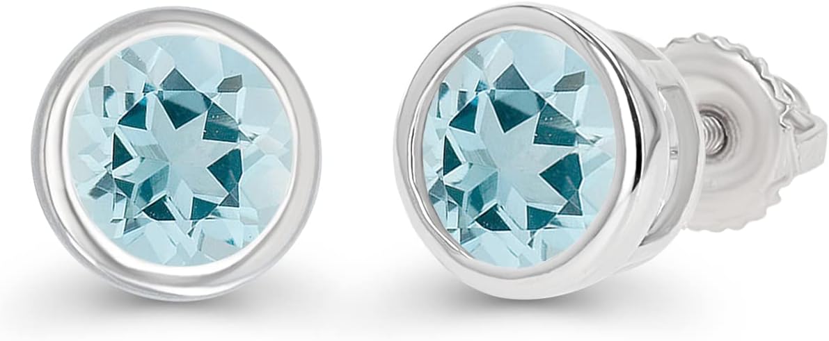 14K Gold Plated 925 Sterling Silver Hypoallergenic 4mm Round Bezel Set Genuine Birthstone Solitaire Screwback Stud Earrings