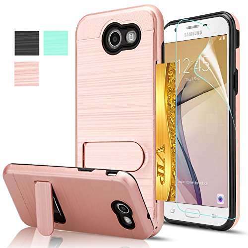 Samsung Galaxy J7 Perx Case, Galaxy J7 Sky Pro / J7V 2017/J7 Prime/Halo Case with Screen Protector,AnoKe[Card Slots Wallet Holder]Kickstand Plastic TPU Shockproof Case For Galaxy J7 2017 KC1 Rose Gold