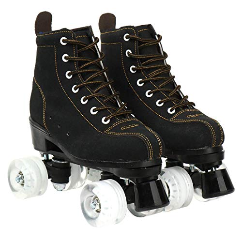XUDREZ Cowhide Roller Skates for Women and Men High-Top Shoes Double-Row Design,Adjustable Classic Premium Roller Skates (Black Non-Flash Transparent Wheel,9)