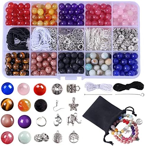 Nenjing 504pcs Chakra Beads Lava Beads,8mm Natural Semi Precious Stone Beads Kits Threading Loose Bracelet Beads Adult Craft Jewelry Bracelets Kits with Gift Bags