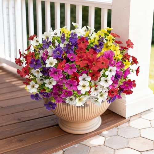 Image of Bassion 20 Bundles Artificial Violet Flowers for Outdoors, Mixed | UV resistant, silk flowers, realistic faux plants, garden patio front porch home outside planter decorations