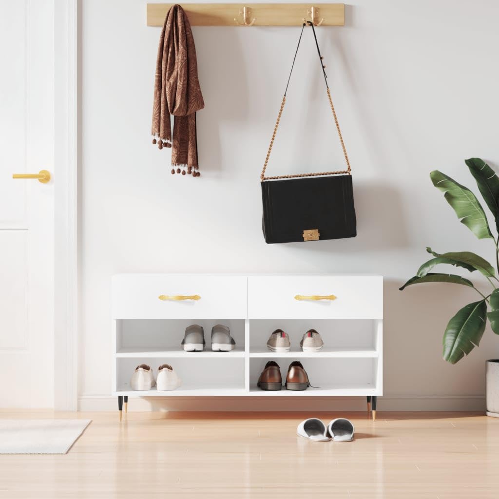Banc à chaussures blanc brillant pour organiser une entrée moderne et épurée
