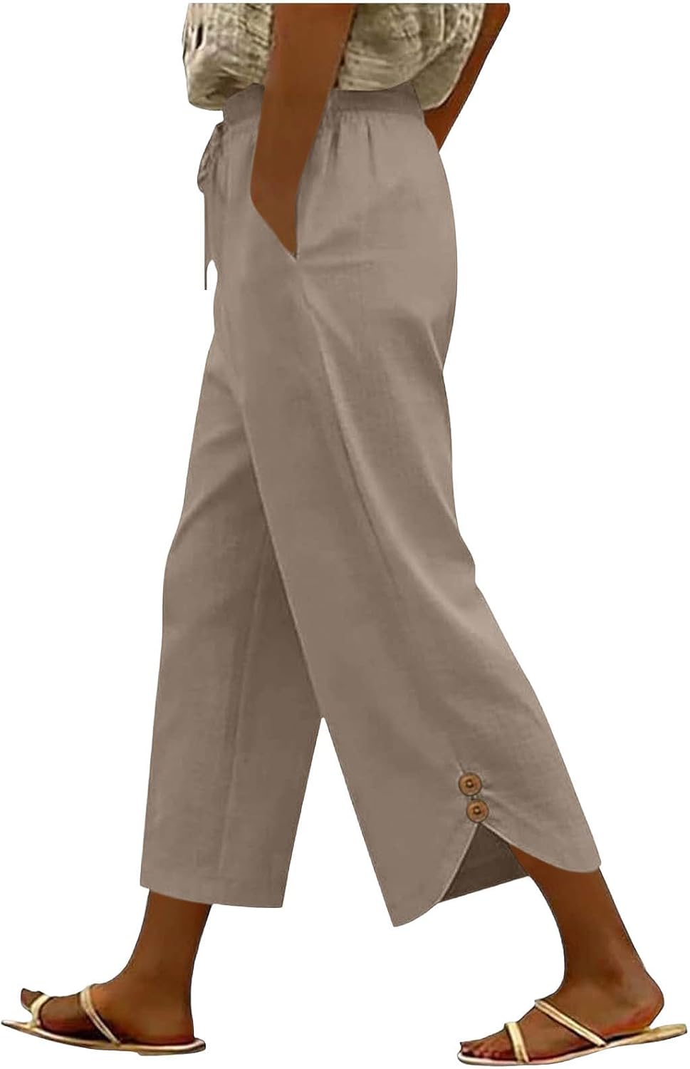 Linen Pants Women High Waisted Elastic Drawstring Beach Pant Casual Loose Lightweight Wide Leg Trousers with Pocket