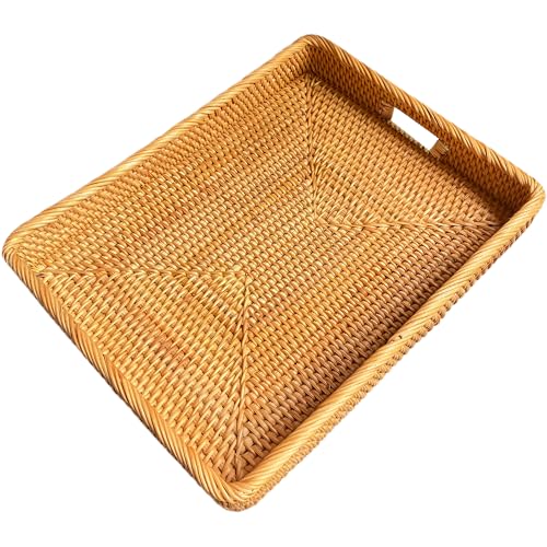 i-lan 17Inch Large Rectangle Rattan Serving Tray with Handles-Natural Wicker