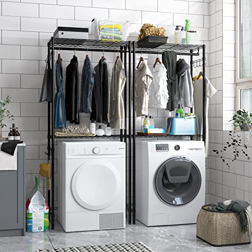 Xiofio Over The Washer And Dryer Storage Shelf 2 Tier Adjustable Height Shelving Units And Side Hook Laundry Shelves Used For Bathroom Bedroom Balcony Drying Rack Towel Rack Handbag Rack ，Black #TOP4
