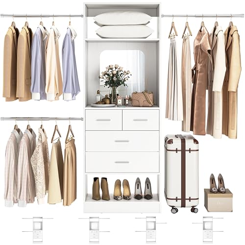 Unikito 48″ W – 96” W Closet Organizer, 8FT Walk in Closet Systems Starter Kit with 25” Tower and 3 Extendable Hanging Rods, Sturdy Wood Garment Rack with 4 Drawers and Mirror, Max Load 1000 LBS White