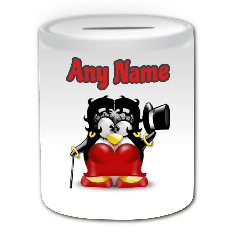 Personalised Gift - Betty Boop Money Box (Penguin Cartoon Character Costume) Unique Name Message Saving Piggy Bank Silly Funny Superhero Hero Super