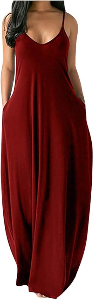 FRSH MNT OTTATAT Dresses for Women Casual Summer Spaghetti Strap Sexy V-Neck Loose Plus Size Long Maxi Dress with Pocket