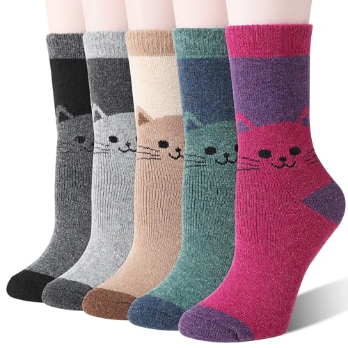 Welwoos Women Merino Wool Cat Socks Thermal Winter Warm Thick Cozy Cute Fun Gifts Crew Boot Socks 5 Pairs Stocking Stuffers(Purple Red/Green/Khaki/Gray,M)