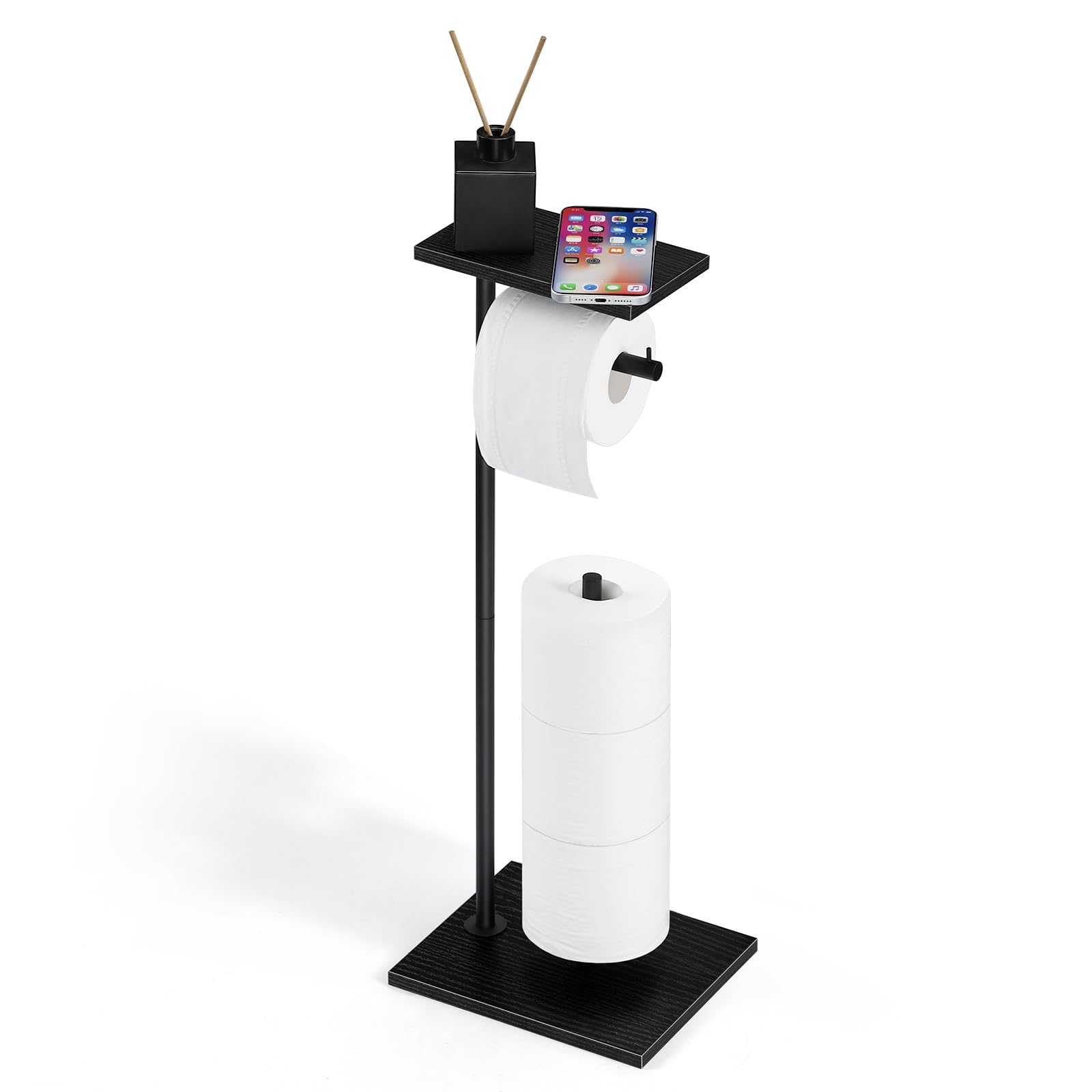 UOMIO Toilet Roll Holder Freestanding No Drilling Toilet Roll Holder Free Standing with a Top Shelf Free Standing Toilet Roll Holder with Non-slip Base for Holds 4 Rolls of Paper Towels (Black)