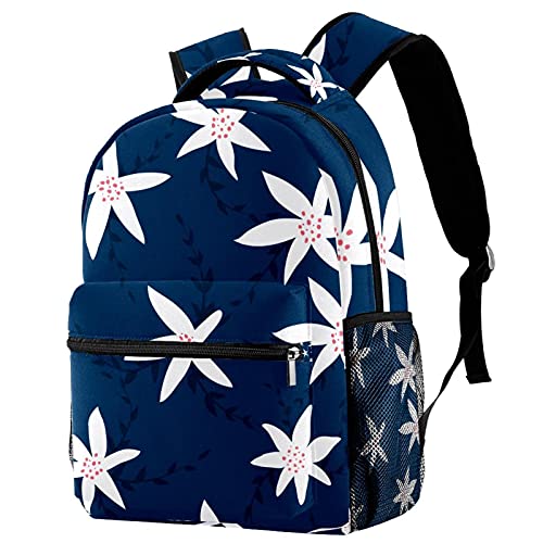 Sac à dos motif floral blanc : confort ergonomique et porte-bouteille intégré pour l'école
