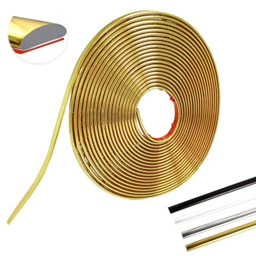 MeYuxg Baguette de Finition Autocollantes,Plafond Moulure Adhesive,PVC Moulure Murale Autocollantes, Plinthe Souple Autoadhésive,Panneaux Muraux Autocollants Polyvalentes(Or-12M-8MM-2.8MM)