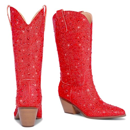 Image of Cowgirl Ankle Boots Cowboy Boots for Women Western Booties Rhinestone Chunky Heel Fashion Comfortable Side Zipper