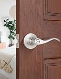 Mengico 1 Pack Satin Nickel Privacy Door Lever, Modern Interior Door Knobs Locks for Bedroom and Bathroom, Heavy Duty Door Handle, Reversible Wave Lever Handle