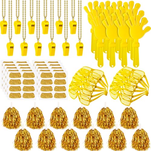 Realspring 148 Pcs Colleges Team Spirit Items Bulk University Team Spirit Week Accessories, Hand Clapper Noisemaker Whistle Cheerleading Pom Poms Shutter Glasses Sticker for Sports(Yellow)