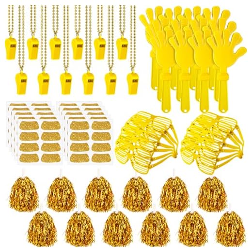Realspring 148Pcs Team Spirit Accessories Kit Bulk Spirit Day Items Cheer Pom Poms Clappers Whistles Glasses Eye Black Stickers for Homecoming Week Game Day Camp College Sports Event(Yellow)