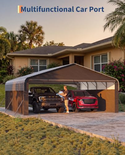 Image of GarveeLife 20'X20'X9' Metal Carport for 2 Cars, Enclosed Car Ports | Removable 220 g Tarp / Gable End Doors and Sidewalls, for Full-Size Pickup Trucks, Bass Boats, and Tractors