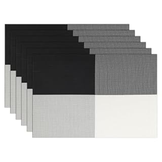 comfoyar Black White Grid Pattern Rectangular Placemats Set of 6, 12x18 Inch Non-Slip Heat Resistant Vinyl Place Mats, Washable Waterproof Table Mats for Indoor Kitchen Dining Party Table Decoration