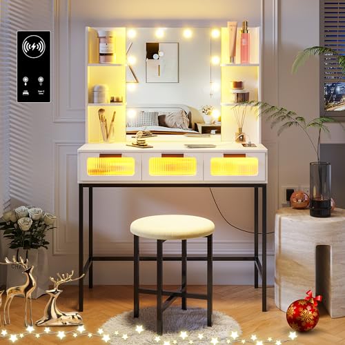 HNEBC Vanity Desk with Sliding Mirror and LED Lights, RGB Vanitys with Charging Station, Makeup Vanitys with Remote Control, White Dresser with Stool/Lager Drawers for Bedroom (Grey)