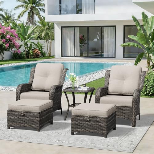 Image of 5 Piece Outdoor Wicker Patio Furniture Set, Patio Chairs Set with Thickened Olefin Cushions, High Back and Deep Seating, Hand-Woven PE Rattan, Ottoman for Porch, Deck