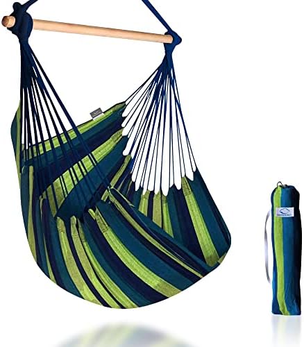 Hammock Sky Large Brazilian Hammock Chair Cotton Weave - Extra Long Bed - Hanging Chair for Yard, Bedroom, Porch, Indoor/Outdoor (Blue & Green)